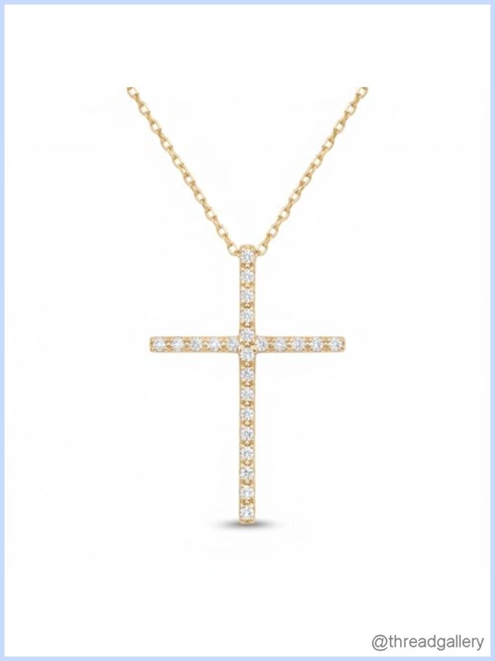 Dainty Elongated Pave Diamond Cross Necklace in 14K Solid Gold 18 Inch Chain